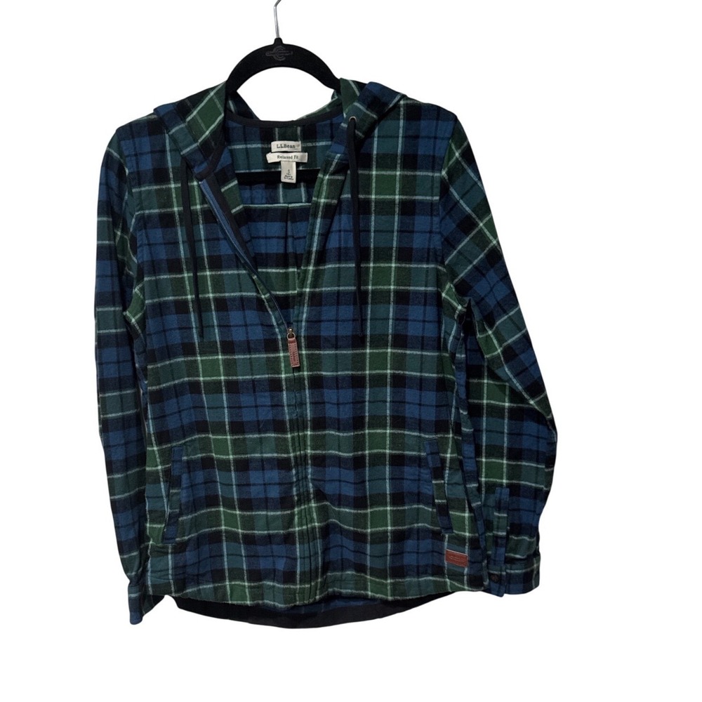LL‎ Bean Womens Relaxed Fit Flannel Full Zip Hood Plaid Blue/Green 512774 S Tall